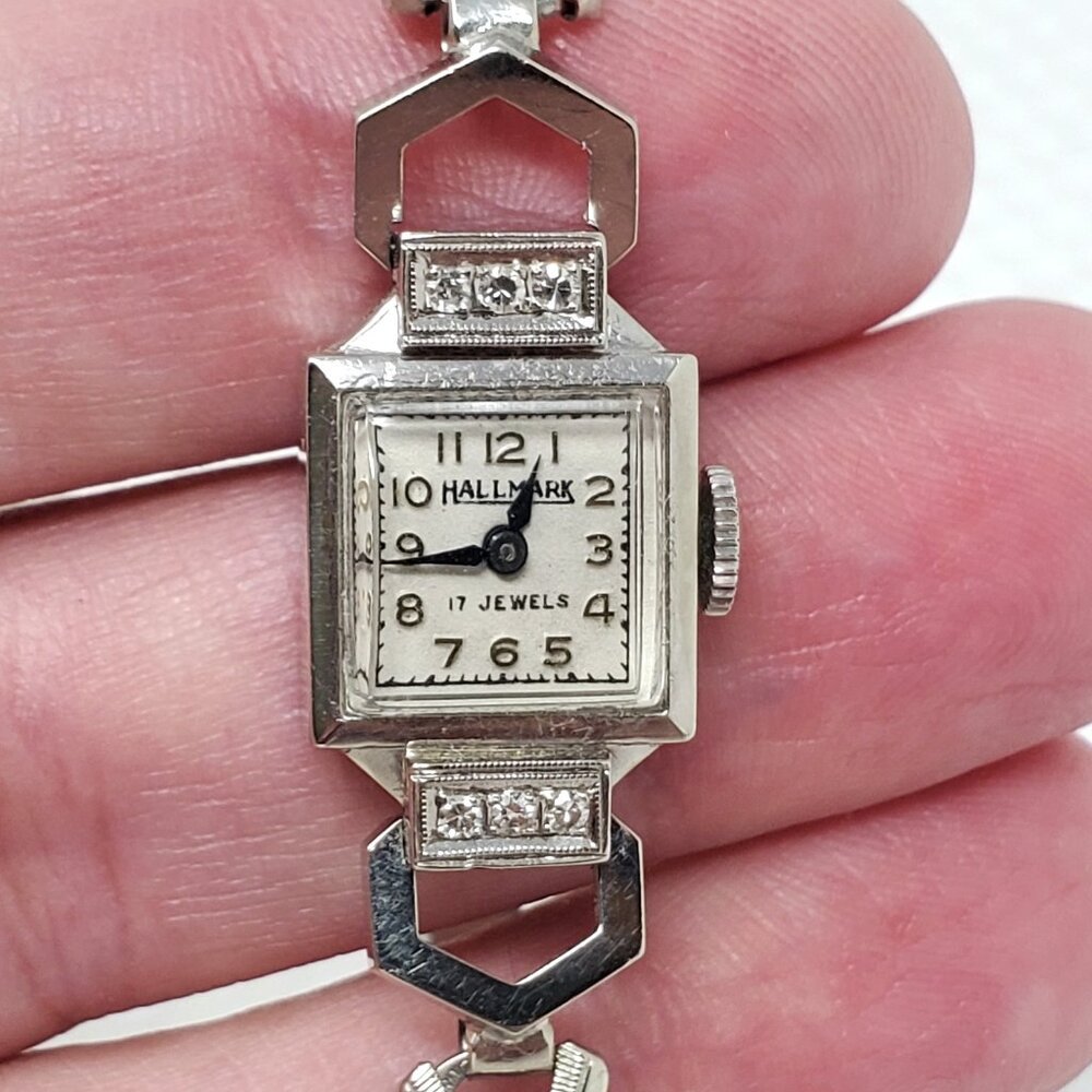 Vintage Hallmark 17 Jewel Diamond Watch 14K White Gold Ladies Art Deco Speidel